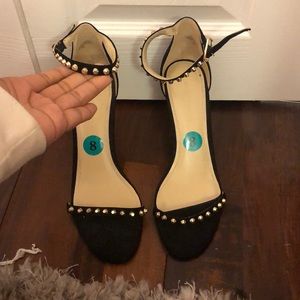Open toe black gold studded heels